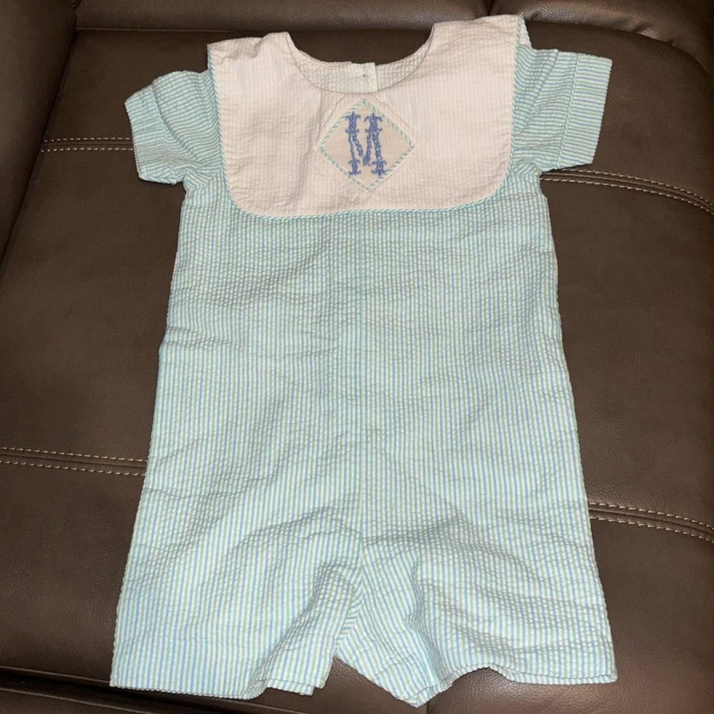 Beaux et Belles blue, teal and white seersucker with sailor collar and smocked M